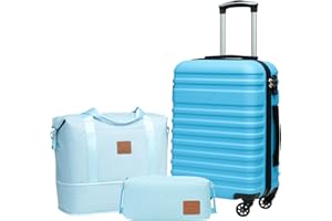 COOLIFE Suitcase Trolley Carry On Hand Cabin Luggage Hard Shell Travel Bag Lightweight with TSA Lock,The Suitcase Included 1pcs Travel Bag and 1pcs Toiletry Bag (Sky Blue, 20 Inch Luggage Set)