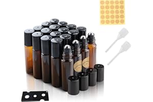 TECDW Roll on Aceites Esenciales 10ml, 20 pcs Roll On Rellenable con Roll-on Bola de Acero Inoxidable, Essential Oil Bottle, Marrón Botellas Roll On Cristal para Perfumes, Masajes, Aromaterapia