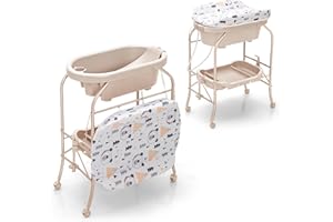LIFEZEAL Wickeltisch mit Badewanne, 2 in 1 Flatbare Bade-Wickelkombination auf Räder, Badewannenaufsatz Wickelkommode mit 1 offener Ablage, Babybadewanne mit Ständer Max. Belastbarkeit 35kg (beige)
