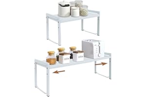 ZENMAARKET Étagère Cuisine Extensible 35-66 cm - Rangement Épices Cuisine Réglable et Empilable pour Comptoir,Réglable pour Placard,Étagère d'armoire extensible - Solution de Stockage Culinaire(Lot de 2 L blanc)