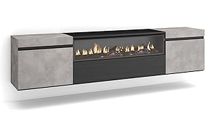 Skraut Home | Mobile TV Soggiorno | Ampio spazio a disposizione | 200x45x35cm | Per TV fino a 80" | Camino elettrico | Sospeso, da appendere | Stile moderno | Cemento