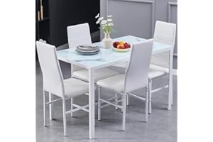 DZOVAD Dining Table and Chairs Set 4, Modern Glass Dining Table and 4 Faux Leather Chairs for Home, Living Room, Office and Café (White Marble/White, 5-Piece Set Pro)