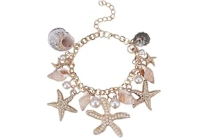 PH PandaHall 18.7cm Bracciale con Conchiglia di Stelle Marine e Perla Regolabile Bracciale Donna, Dorato Braccialetto Estivo Regali di Viaggio per Ragazze e Donne