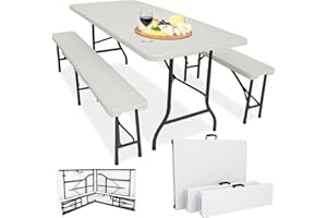 Devillo® Bierzeltgarnitur klappbar 3‑teilig – Tisch 180x74x72 cm + 2 Bänke 180x25x43 cm – Campingtisch, wetterfest & pflegeleicht, Anti‑Rutsch – mit Tragegriffen – für Camping, Garten – Weiß