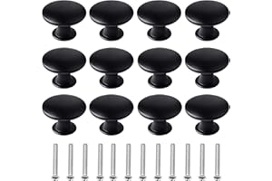 kuou 12 Pcs 30mm Black Matted Round Cabinet Knobs, Kitchen Cupboard Handles, Vintage Style, 12 Screws Included