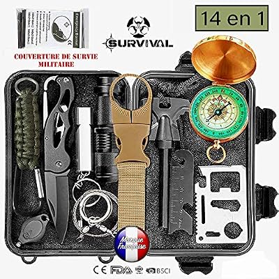 BIOHEALTH PARIS Kit de survie d'urgence Multi outils de survie professionnelle de Secours 14 en 1, Trousse de survie d'urgence Avec Couteau de Survie, Lampe de Poche, Allume Feu, Boussole, Couverture de Survie, Sifflet de Survie Survival pour professionne…