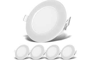 B.K.Licht - Set de 5 spots LED encastrables salle de bain, plats, IP65, couleur de lumière blanc neutre, dimension du trou 68mm, spots LED, spot encastrable, plafonnier salle de bain, 86x30mm, blanc
