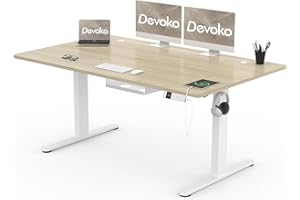 Devoko Escritorio Elevable Eléctrico 160 x 80 cm de Carga Tipo A, Escritorio Ajustable en Altura con Tablero, 3 Función de Memoria y Anticolisión, Regulable en Altura 72-118cm, Roble