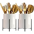 SIEBOLD 2pcs Cutlery Holder White Ceramic With Black Matte Bracket Robust Silverware Caddy For Store Forks, Knives, Spoons, Napkins, Medium