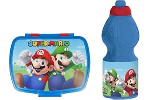 TJS THE JIREH STORE Set Mario Bros Juego de comedor escolar de 2 piezas para portameriendas y botella de plástico para niños o niños merienda Launch Box - Sandwichera Infantil y botella de agua.