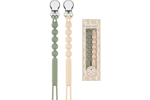 Kowlone Cadenas Chupetes Silicona Clips De Chupete Para Bebé Porta Chupetero Soothie Clip Sujeta Chupete Holder Binky Clips Niño Chicas 2-Paquetes(Beige,Verde Musgo)