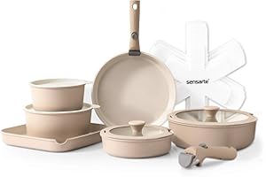 SENSARTE 17 Pièces Lot Poele et Casserole Induction, Revêtement Céramique Antiadhésif, Batterie de Cuisine avec Couvercle, Poignées Amovibles，Empilable, Compatible Lave-vaisselle