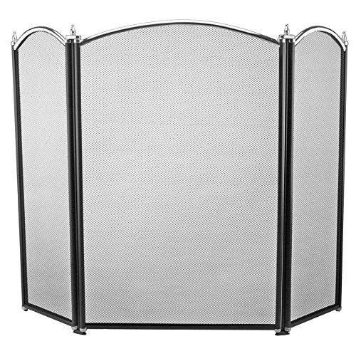 Traditional 3 Fold Black Arched Fire Guard with Chrome Decorative Finials and Trim - Height 66cm (26