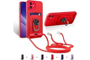 Zyweil kompatibel mit iPhone 12(6.1"),Necklace Hülle, mit 360°Ring Ständer magnetisches Eisenblech Kartenhalter Silikon Schutzhülle-Red