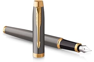 Parker IM Penna Stilografica | Laccatura Grigia con Pennino Dorato | Punta Media Lucida in Acciaio Inossidabile | Ricarica della Cartuccia d'Inchiostro Blu | Confezione Regalo