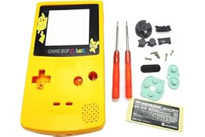 SUNVALLEY Carcasa Carcasa de repuesto Color amarillo, para consola For Nintendo Game Boy Color GBC, Portector de pantalla Pikachu, botones, tornillos, almohadilla goma, herramienta de reparación, pegatina