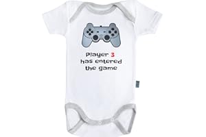 Baby Geek Player 3 Has Entered The Game - Body Bébé Manches Courtes - Coton - Blanc - Coutures Grises