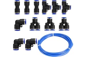 FANGKUN Lot de 12 raccords rapides à pression de 6 mm pour kit de raccordement, raccords rapides à air (L+I+T+T+Y) + tuyau pneumatique en polyuréthane de 10 m, bleu