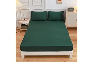 CHICKWIN-SHOP Solid color Fitted Sheets 100% Polyester Bedding Sheets, Chickwin Double King Single Size Bed for Deep Pocket 27cm - Shrinkage Fade Resistant Easy Care (dark green,150x200x27cm)