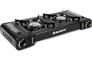 BLOSTM Portable Camping Gas Stove - Double Burner Camping Stove with Automatic Ignition System, Temperature Control - Use with Butane Gas or LPG - Camping Cooker for BBQ, Caravan, Outdoor Camp Stove