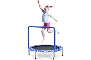 KOMFOTTEU Mini trampolina dla dzieci, średnica 92 cm, składana, z uchwytem i osłoną bezpieczeństwa, trampolina ogrodowa do 150 kg, do użytku wewnątrz i na zewnątrz