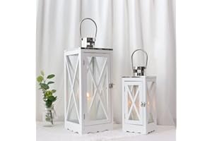 TRIROCKS Set de 2 Lanternes en Bois de Style Ferme 63 cm & 46 cm Haut, Porte-Bougie Métallique Décoratif Avec Verre Clair Trempé pour Patio, Jardin, Mariage, Soirées (Blanc Rectangulaire)