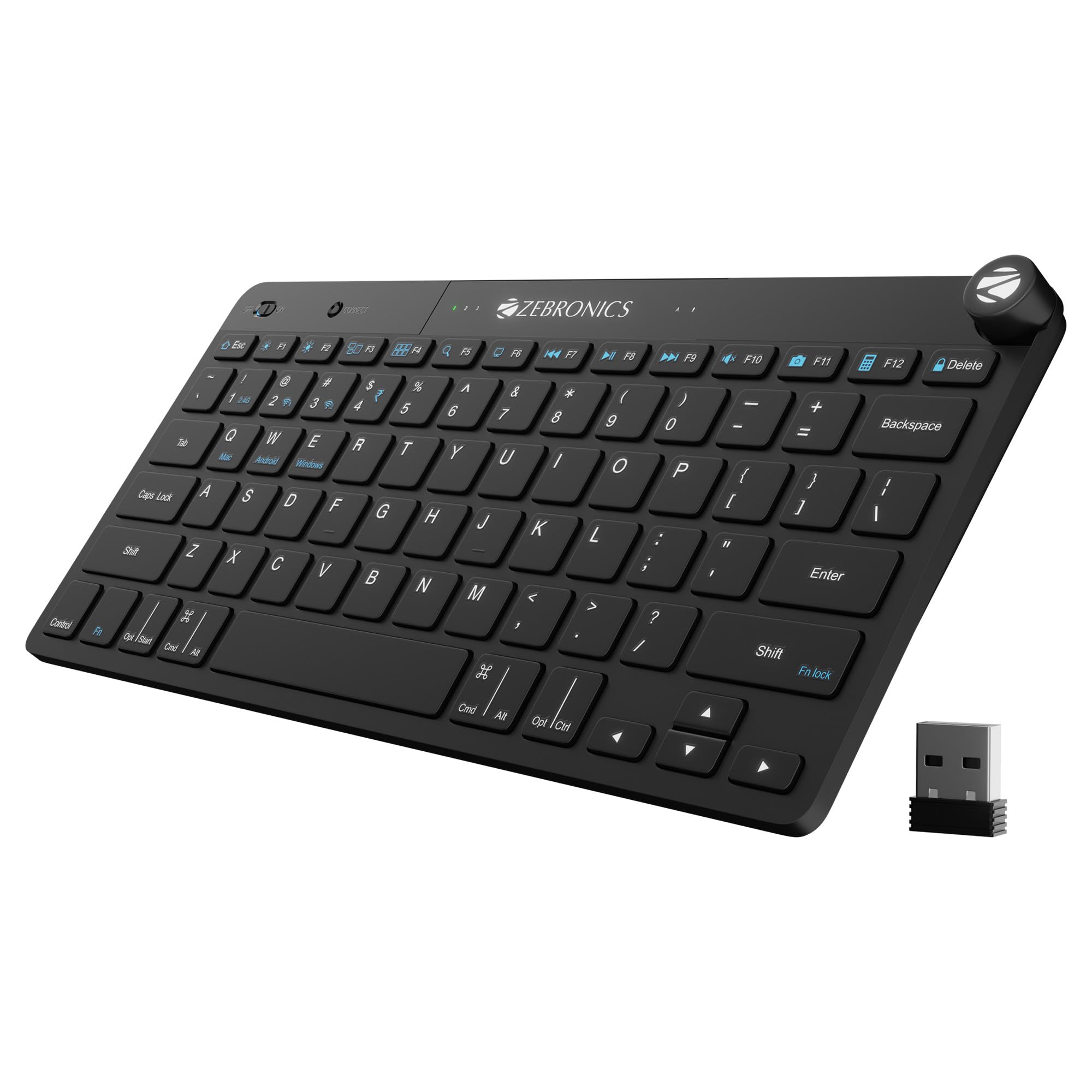 ZEBRONICS KEYPAD X1 Wireless Bluetooth Keyboard, Scissor Switches, 2.4GHz & Dual BT for (Mac | Android | Windows), Volume/Media Control Knob, Integrated Multimedia Keys