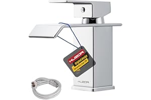 KUZOR 1PC Stainless Steel Mixer Tap with G1/2 UK Standard Water Hoses - Modern Waterfall Single Lever Sink Faucet for Bathroom/Basin/RV/Vanity - Height 5.55in, Weight 1.43 lbs - Chrome