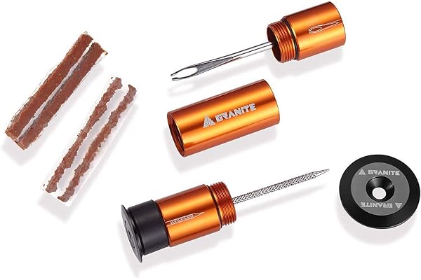 Kit de réparation de crevaison de pneu tubeless Granite Stash - Kit d'outils pour vélo - Rangement facile sur le guidon - Kit complet de réparation de crevaison de pneu (Orange)