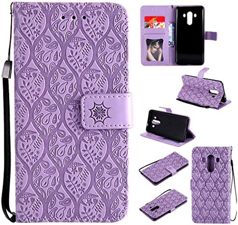 Case for Huawei Mate 10 Pro [Not for Mate 10] Leather Flip Case Cover, Premium Embossed Leaves Flower Pattern Wallet Design with Card Holder Folding Kickstand Magnetic Wrist Strap Slim Flip Book Style Shell Case for Huawei Mate 10 Pro, Hancda Wallet PU Leather Case with Silicone TPU Bumper Cover for Huawei Mate 10 Pro - Purple