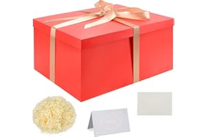 KISPATTI Juego Cajas Regalo, Cajas Regalo Rojo con tapas Caja regalo Grande con cinta 38 x 28 x 19 cm Caja regalo Papel seda triturado Tarjetas felicitación para Navidad Cumpleaños Aniversario Bodas