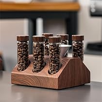 Support Bois Noyer Pour 12 Tubes Café - Rangement Grains Café En Verre Borosilicate Avec Entonnoir - 2x6 Tubes