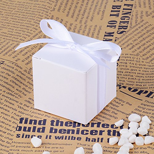 100 Stk. weiß Gastgeschenk Box inkl. Seidenbänder 5x5x5 cm Geschenkbox für Hochzeit, Taufe, Party usw. Pralinenschachtel süßigkeiten Bonboniere - 3