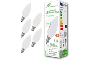 ‎GREENANDCO 5x greenandco® CRI 90+ E14 LED filament świeca szroniona 3W (zastępuje 28W) 300lm 2700K (ciepły biały) 360° 230V szklana żarówka, nie migocze, nie ściemnia się
