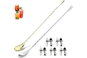 XANEWZA 2 Pcs Cucchiaio da Cocktail in Acciaio Inox, Cucchiaini da Bar, con Manico Lungo, con Design a Spirale, Perfetto per Mescolare e Stratificare le Bevande，Viene Fornito con 10 Pezzi Metal pour Barman