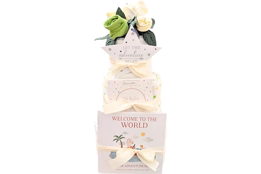 Newborn Gifts Unisex Nappy Cakes 11 Baby Essential Gift Items Nappies Keepsake Welcome to The World Book, Milestone Cards Hats Mitts Socks Vest Plaque New Parents Maternity Gift Baby Shower