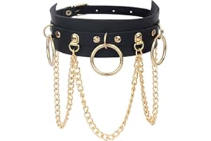 Yijunmca Punk Goth Choker Necklace Adjustable PU Leather Chain Alloy O-Ring Tassel Pendant Choker Vintage Circle Clavicle Collar Halloween Cosplay Costume Accessory for Women Girls, Black Gold