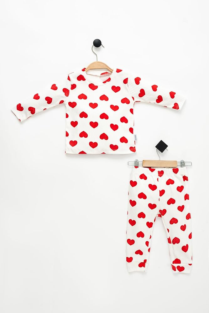 NEU KIDS Kız Çocuk Kırmızı Kalp Uzun Kollu %100 Pamuklu Pijama Takımı, 1-4 Yaş