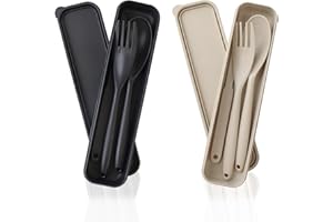 JINGIHE Duże sztućce z tworzywa sztucznego wielokrotnego użytku, 2 zestawy sztućców podróżnych, zakryte pudełko z widelcami, łyżkami, na kemping, piknik, do użytku na zewnątrz, do biura (czarny i