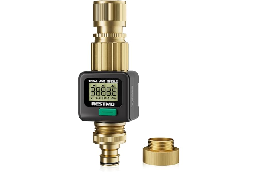 RESTMO Water Flow Meter with Brass Inlet & Outlet, Measure Gallon/Liter Consumption and Flow Rate for Outdoor Garden Hose Watering, RV Water Tank Filling, Lawn Sprinkler and Nozzle Sprayer
