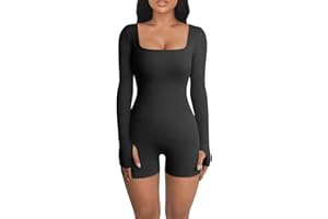 RPAEOY Damen Jumpsuit Langarm Quadratischem Ausschnitt Gerippter Hosenanzug Strampler Overall Playsuit Bodycon Shorts Bodysuit Sexy Sportkleidung Trainingsanzug für Yoga Workout