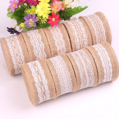 Yalulu 9 Stück 5cm * 2M Vintage Leinwand Hessische Jute Lace Band Handwerk Farbband mit Weisse Spitzen für DIY Handwerk Hochzeit Haus Dekor - 3