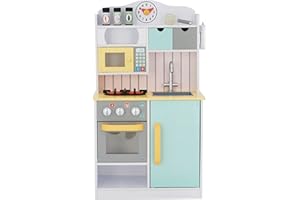Teamson Kids Little Chef Florence Classic Interactive Wooden Play Kitchen with Accessories and Storage Space for Easy Clean Up, White with Mint Green and Yellow Accents