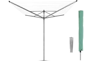 Brabantia - Lift-O-Matic - 60 Metres of Clothes Line - Adjustable in Height - UV-Resistant & Non-Slip Lining - Umbrella System - with Ground Spike 45 mm & Cover - Metallic Grey - ø 295 cm