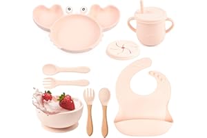 BIZCASA Toddler Feeding Set, Silicone Baby Weaning Set with Suction Plate & Bowl, Straw Sippy Cup or Snack Cup, Adjustable Bib, Folk & Spoon Easy Wipe Clean Feeding Sets (Light Pink Y22)