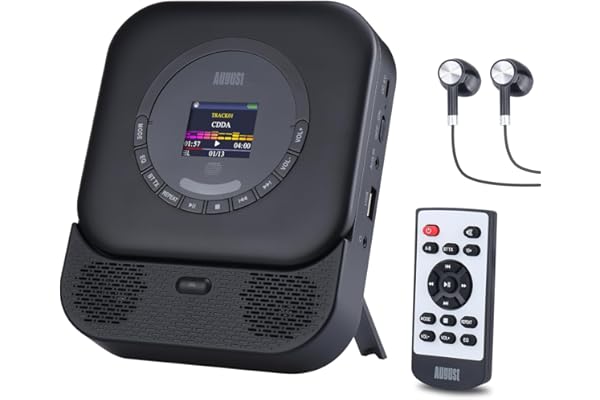 August SE15 Lecteur CD Portable Bluetooth 5.3 Haut-parleurs Stéréo Intégrés Lecteur CD Mural Rechargeable avec Télécommande/Écouteurs/Protection Anti-Skip/Prise AUX 3,5 mm/USB Noir