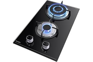 Hermitlux Plaque de Cuisson Gaz 2 Feux Encastrable, 4300W, 30cm, Gaz Ville et Bouteille, Verre Noir
