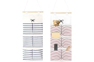 CAIYUANGJ 2 Piezas Organizador Colgante, Organizador Colgante Baño, Bolsa de Almacenamiento de Pared a Rayas, Bolsa Colgante de Almacenamiento con 6 Bolsillos, para Dormitorio Sala Baño (Rojo y Azul)