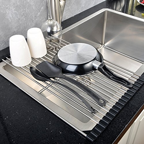 Angelbubbles Beim Rack Dish Edelstahl Roll-Up Abnehmbare über der spüle Einfache reinigung (L/19.68″ x 12.79″, Schwarz) - 6