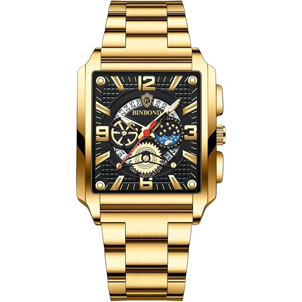 JewelryWe Orologi per gli uomini Quadrato Analogico Luminoso Mani Quarzo Calendario Orologio Da Polso Cool, Oro rosa